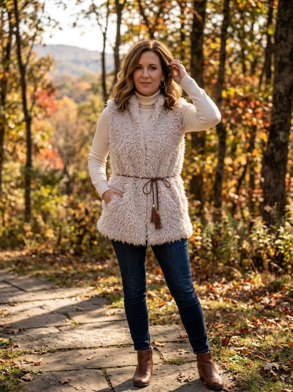 Atmosphere Cream Faux-Sherpa Belted Vest - Size 8